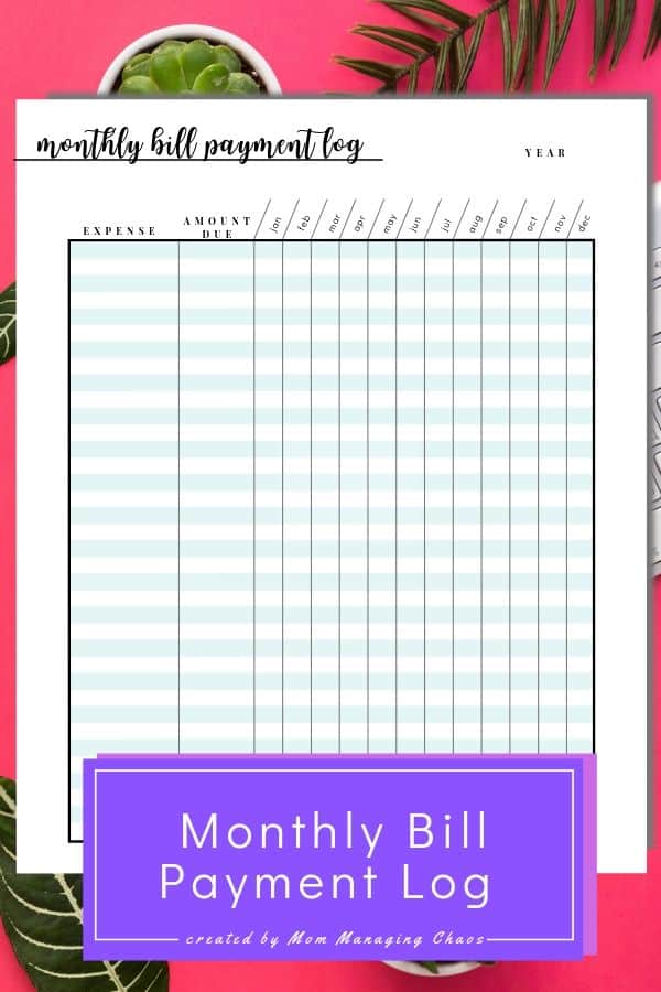 Monthly Bill Payment Log Free Printable