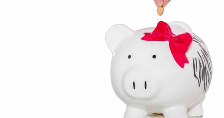 white piggy bank with a red bow