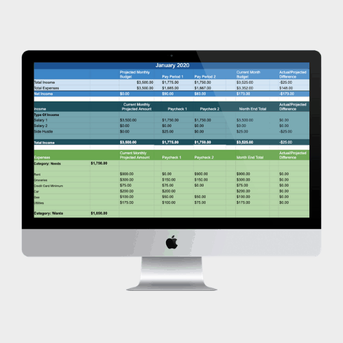 50/30/20 budgeting spreadsheet on a computer screen