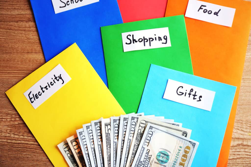 cash envelopes labeled with categories in different colors